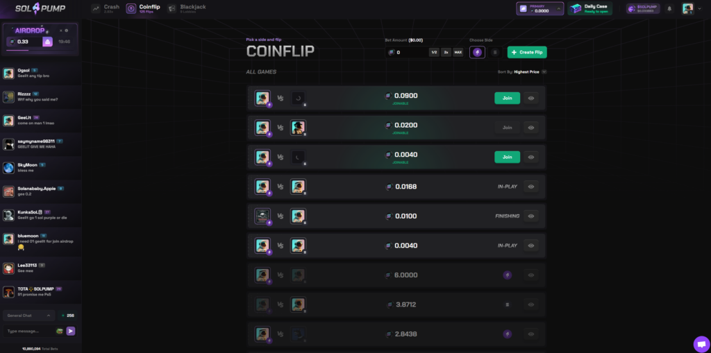 solpump.io crypto casino coinflip game
