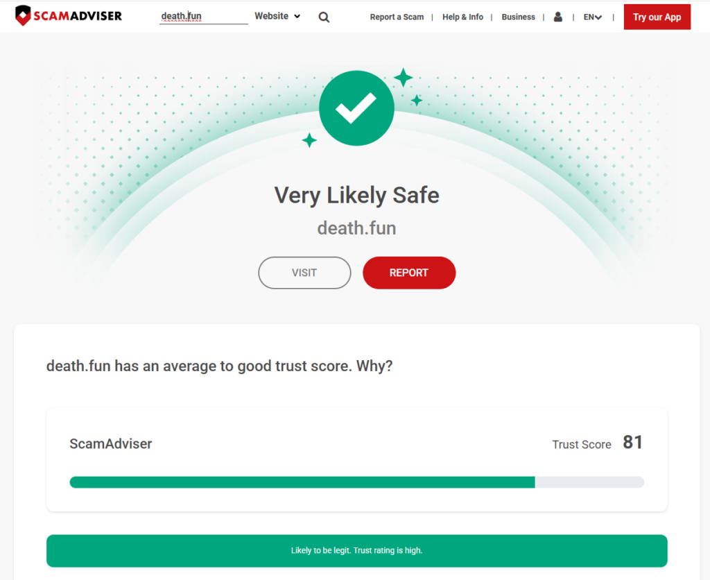 Death.fun ScamAdviser score is 81/100